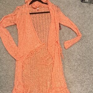 Orange Knit Hooded Cardigan with fringe NWT